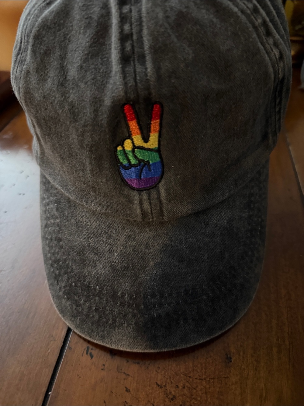Distressed Black Baseball Cap with Rainbow Peace Sign